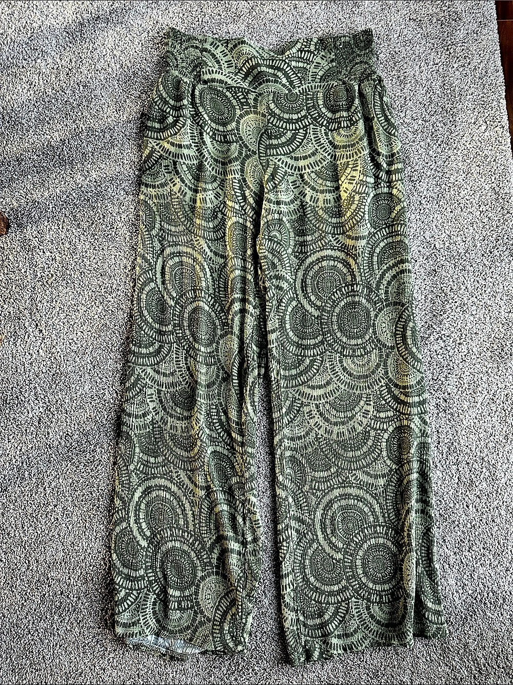 Three Dots Women's Pull-On Pant Paisley Wide Leg Pants in Green